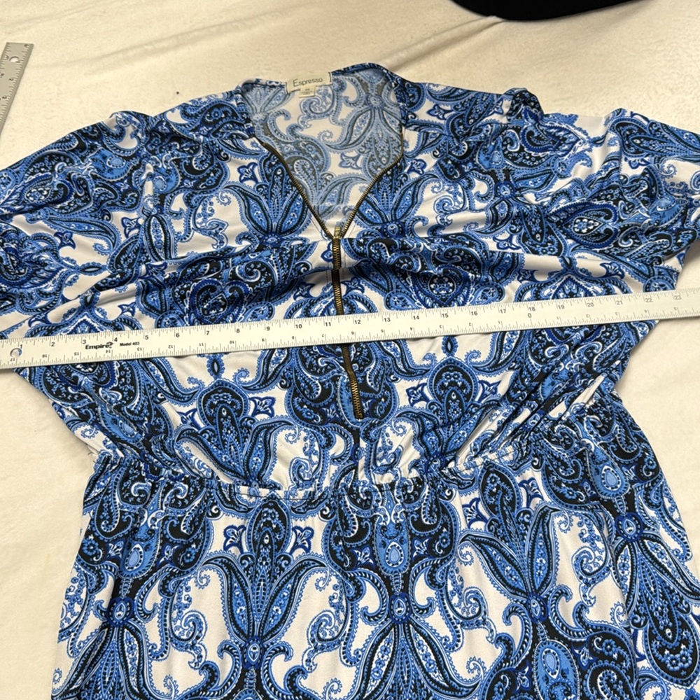 Expresso Dress Blue White Elastic Waist Zip Front V-neck Above Knee Plus Size 2X - Picture 8 of 9